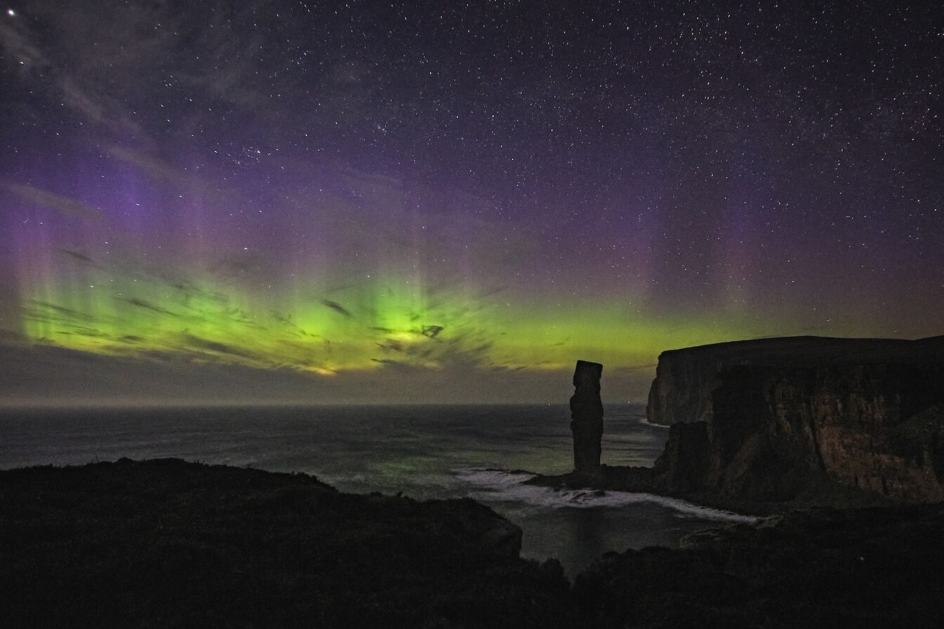 Aurora at the Old Man of Hoy - image by John Stoddard