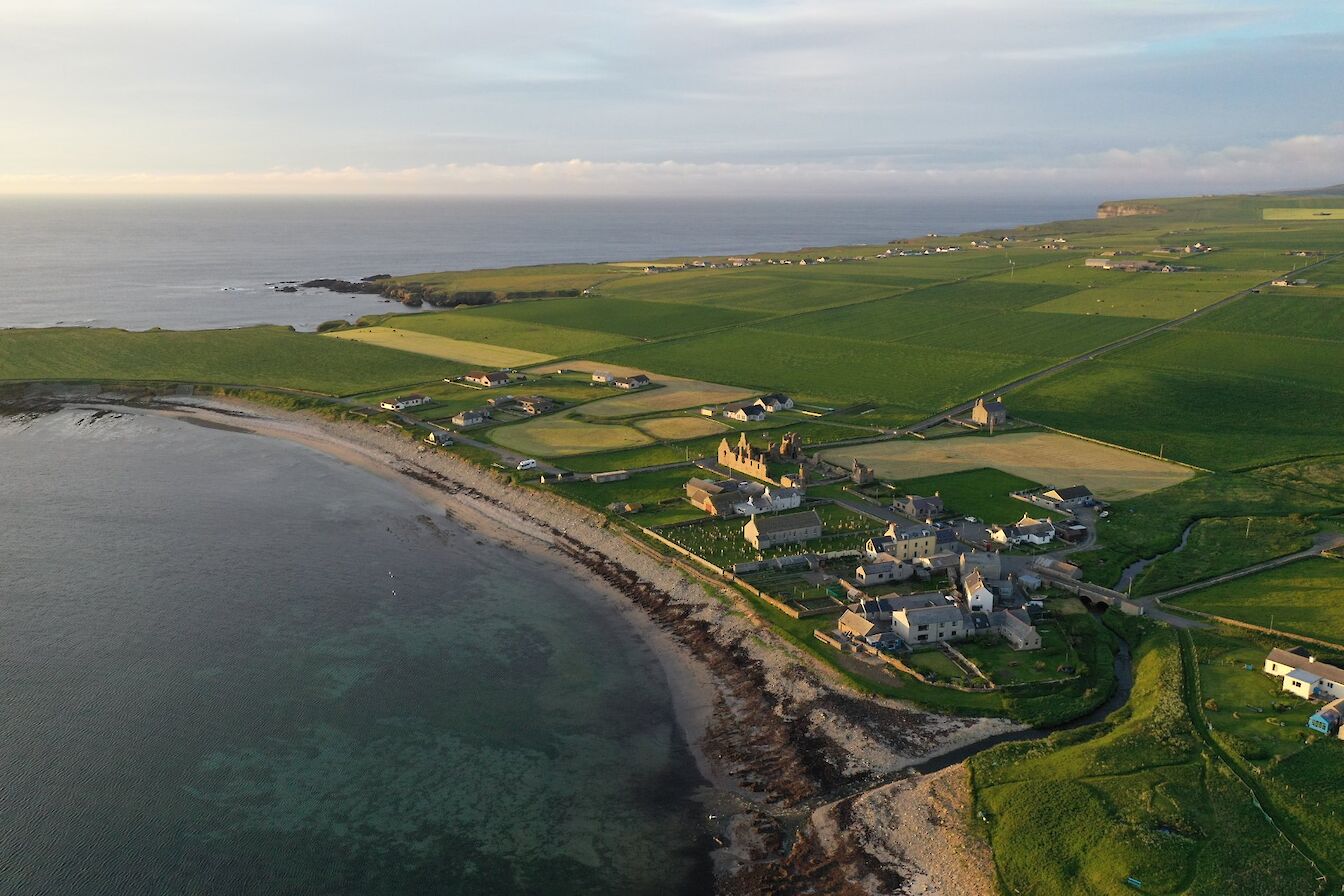 Aerial view of Birsay village and the Earl's Palace, Orkney - image by Colin Keldie