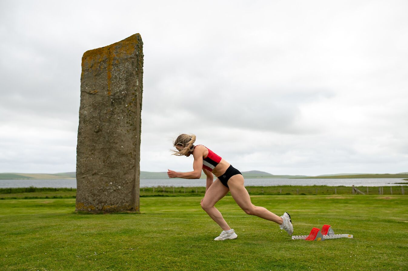 Sprinter Taylah Paterson at the Standing Stones of Stenness, Orkney