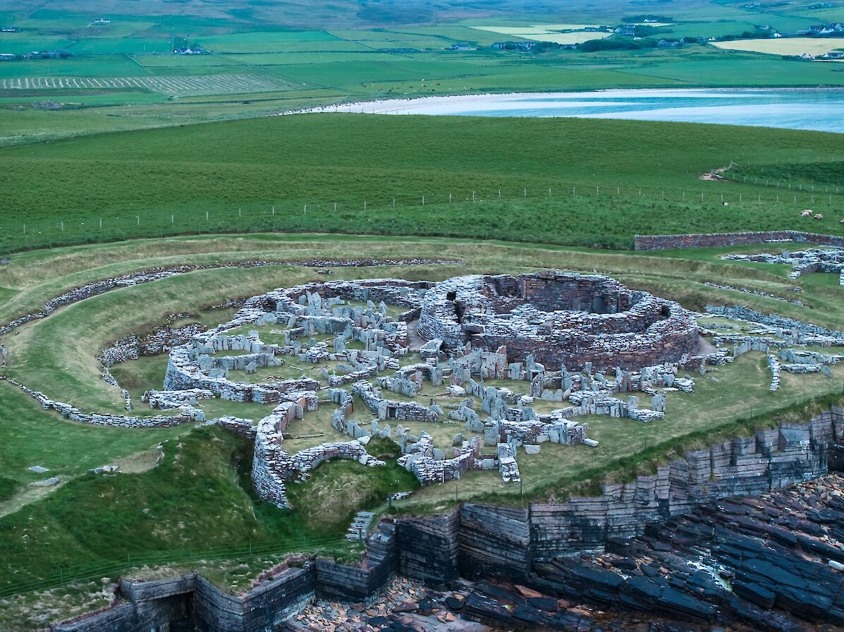 Aerial view over Broch of Gurness, Orkney