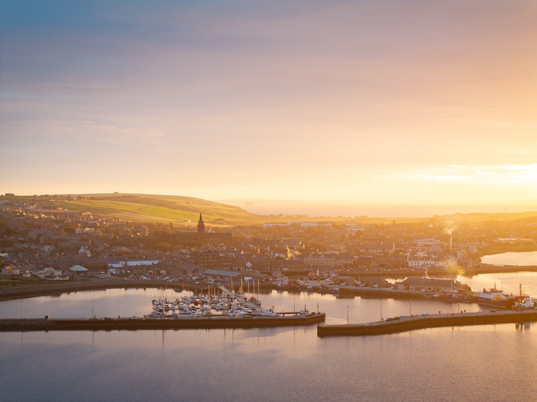 Aerial view of Kirkwall harbour, Orkney
