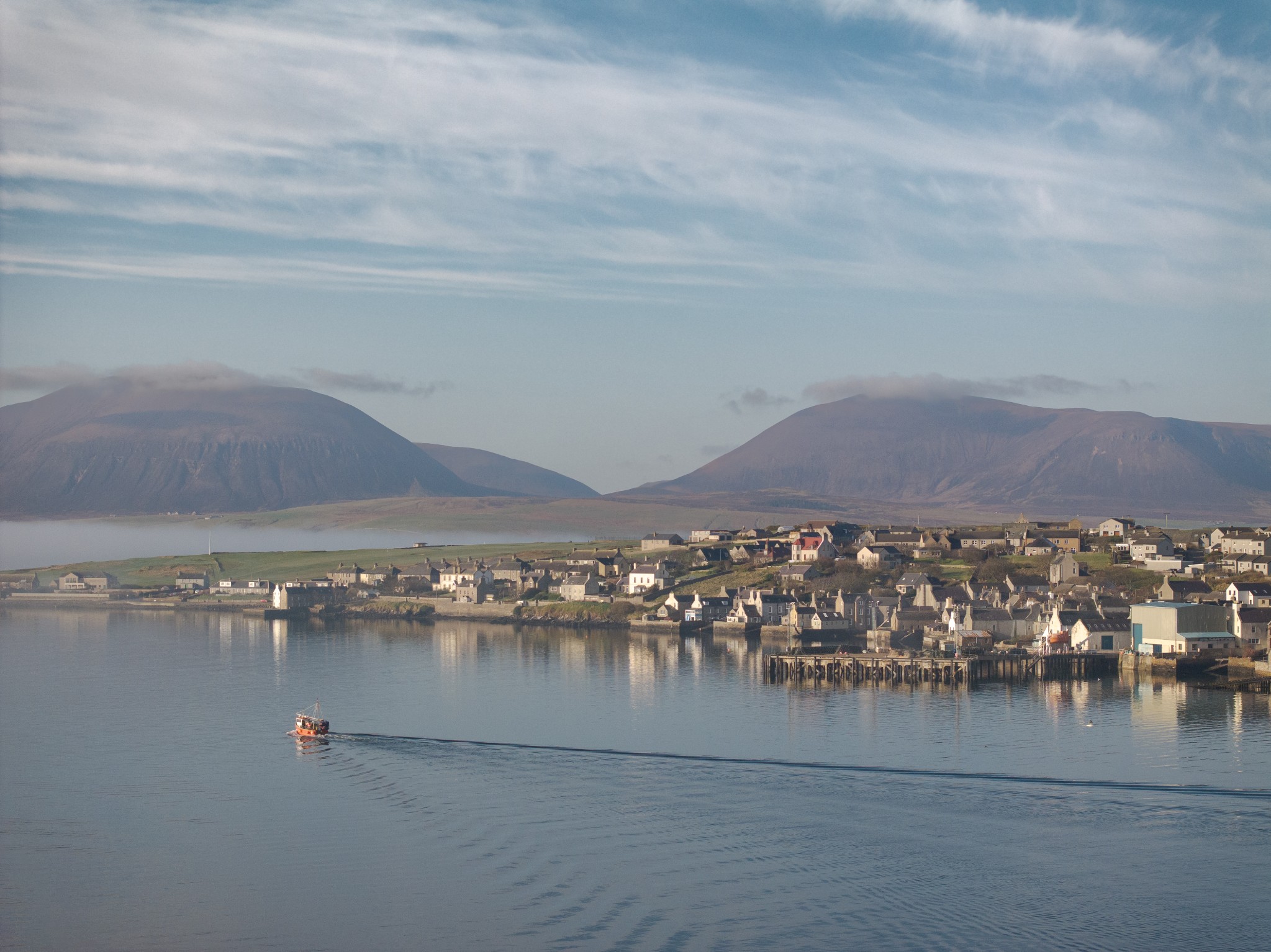 Aerial view over Stromness harbour, Orkney